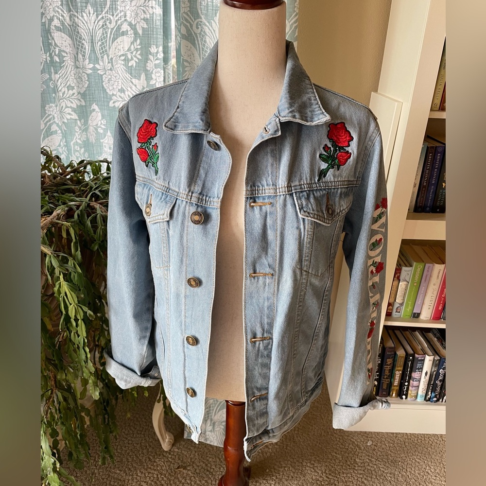 Rue21 rose embroidered graphic light wash street jean jacket